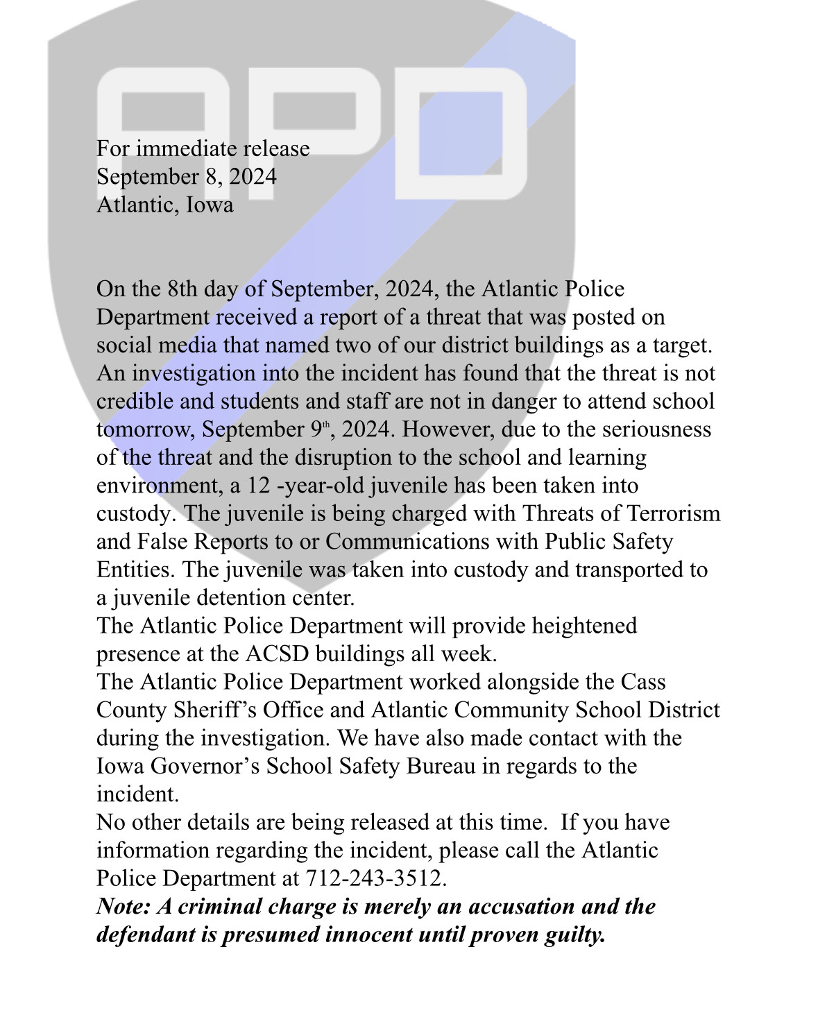 The Atlantic Police Department sent out a press release on Sunday, September 8 in regards to a threat made against the school district. The release informed about the threat and the repercussions that followed.