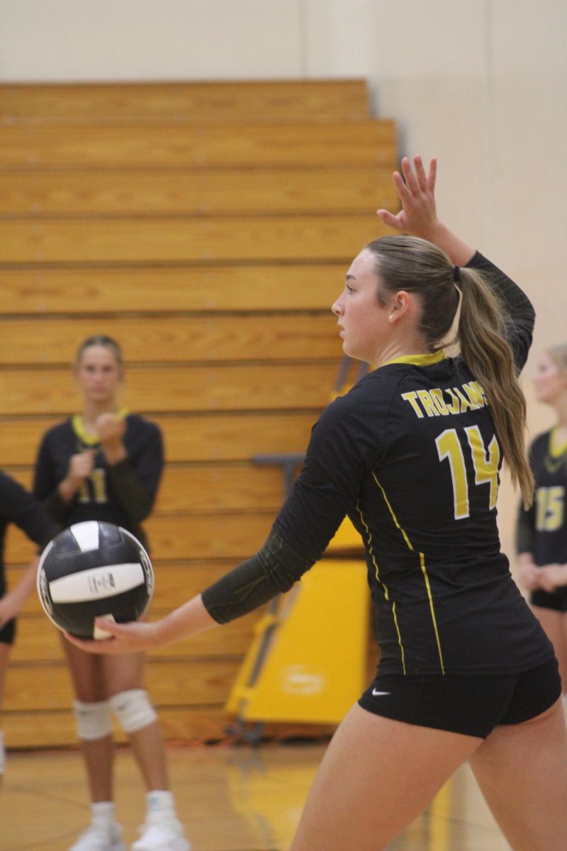 Sophomore Jillian Saathoff gets ready to serve during the varsity volleyball triangular. 