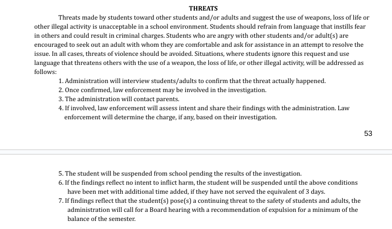 The Atlantic High School Handbook has a section on threats, which is able to be viewed on pages 53 and 54 of the book. This Handbook is set in place to help students understand the expectations within their school.