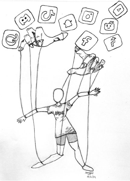 A black-and-white illustration of a faceless puppet pulled by strings from two disembodied hands. The puppet wears a shirt that says, "Anyone." Nine social media apps hover above the hands.