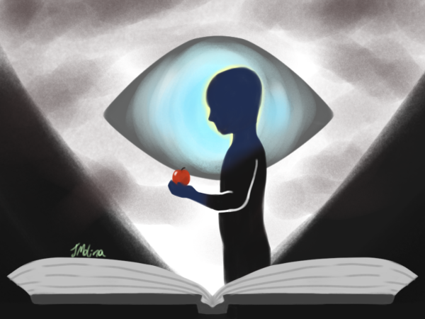 This digital illustration of "The Giver" shows a black-and-white hardcover book opened, with a picture emerging from it. The silhouette of a 12-year-old boy holds an apple. His surroundings are in black-and-white, but the apple is red, and parts of the boy's silhouette are navy blue instead of black. An eye shape is behind the boy, the outer edges colored in grey and the inner center colored in blues and yellows.