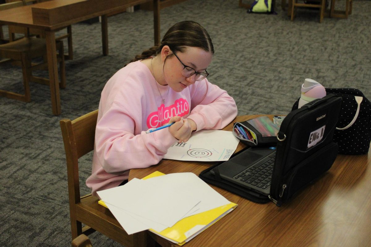 Junior Ellie Butler works on her element baby book project for Ms. Misner's chemistry class!