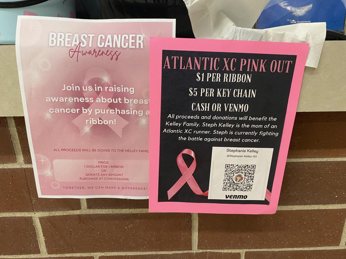 Two flyers hang from the indoor concession booth, promoting donations for the Kelley family.