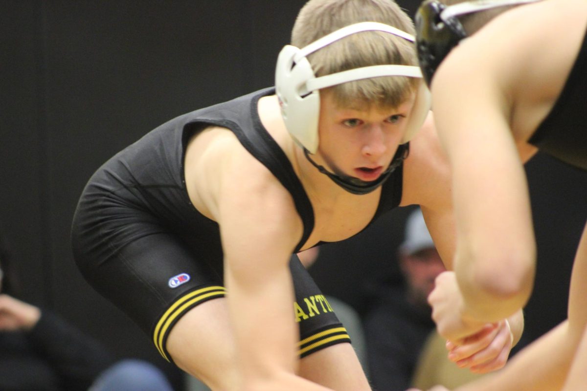 Freshman Keaton Schroeder wrestles in his first ever high school wrestle off. Schroeder wrestled sophomore Collin Harris. Schroeder lost the match but still received a varsity spot. 