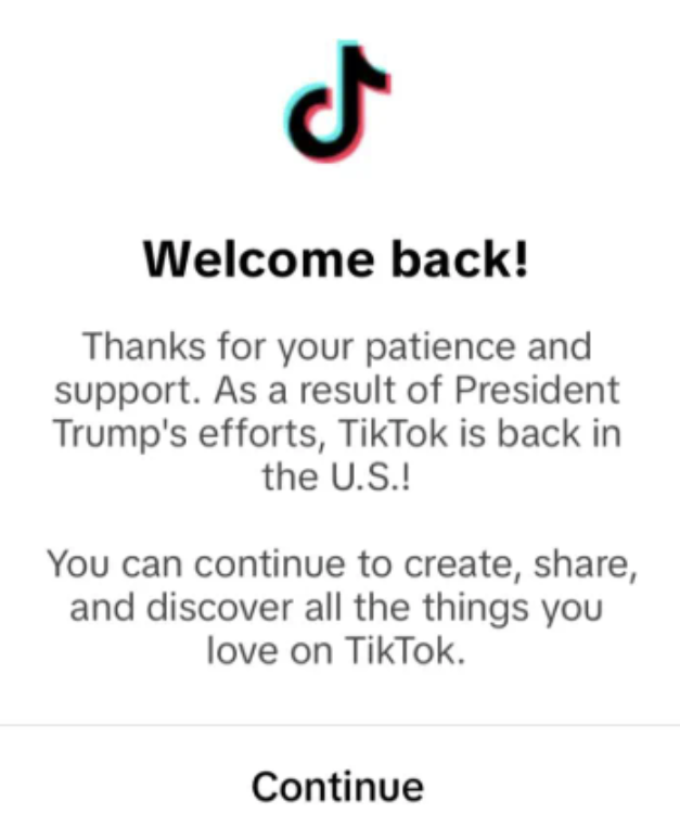 The following image was displayed on the TikTok page as the site's ban was lifted on January 19, 2025.