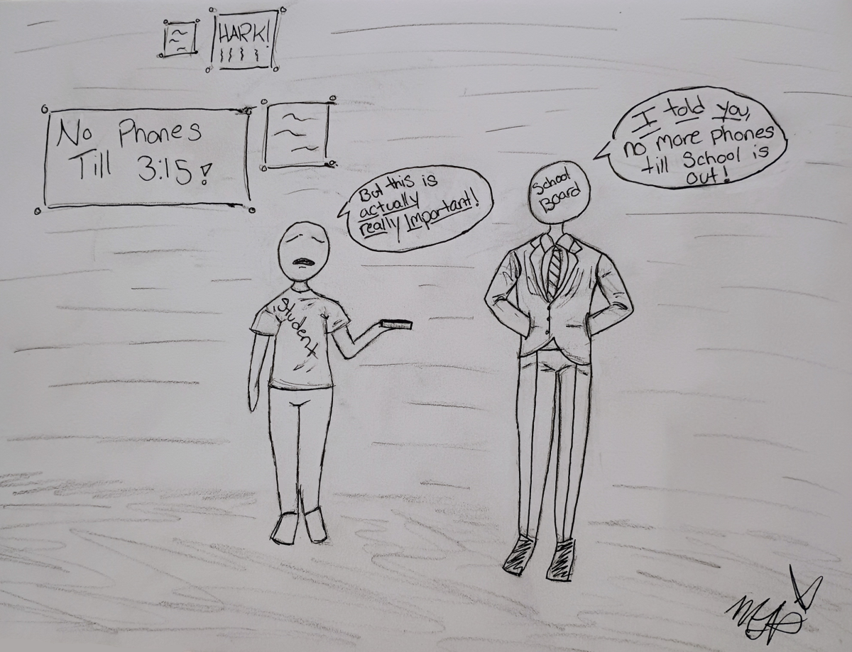 A student and teacher discuss the allowance of phones in school. Comic by Molly Harris.