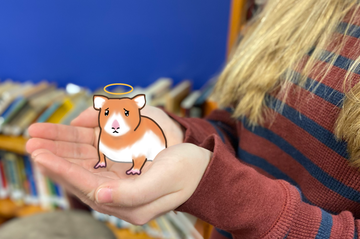 A cartoon hamster sits in a student’s hands. Graphic by J. Molina.