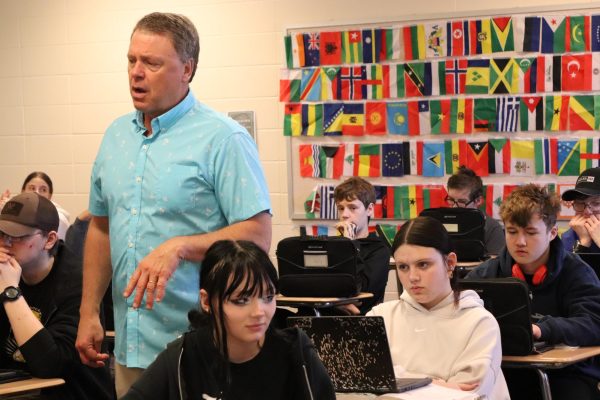 Mr. Petersen teaches a class of freshmen.