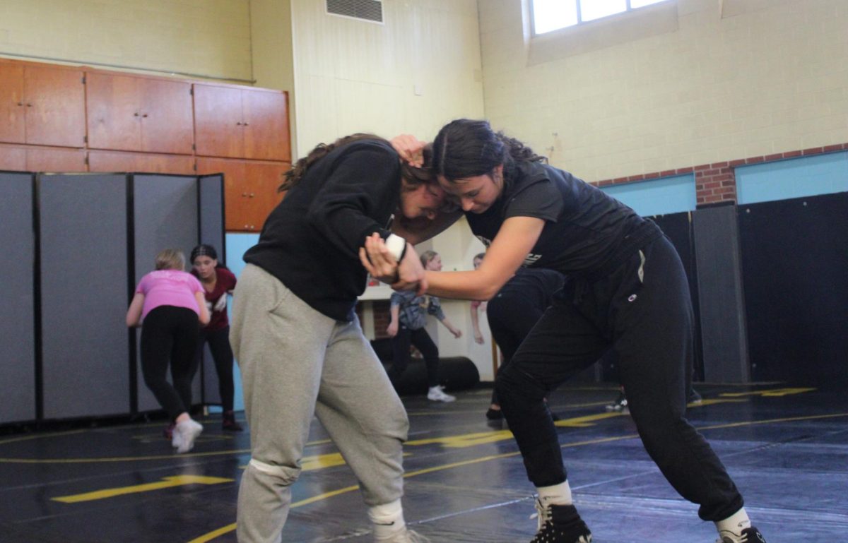  Alivia Knuth and Lily Johnson grip each other tightly as they fight for control.They had worked on hand-fighting before this moment. They pushed through every drill to get better together.
