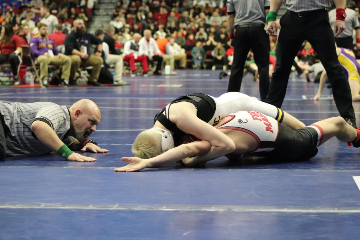 Keaton Schroeder the 120-pounder for Atlantic makes a comeback in the third period pinning his opponents. Prior to the third period Schroeder was down 12-2 almost getting tech falled. He ended his state tournament with a 2-2 record.