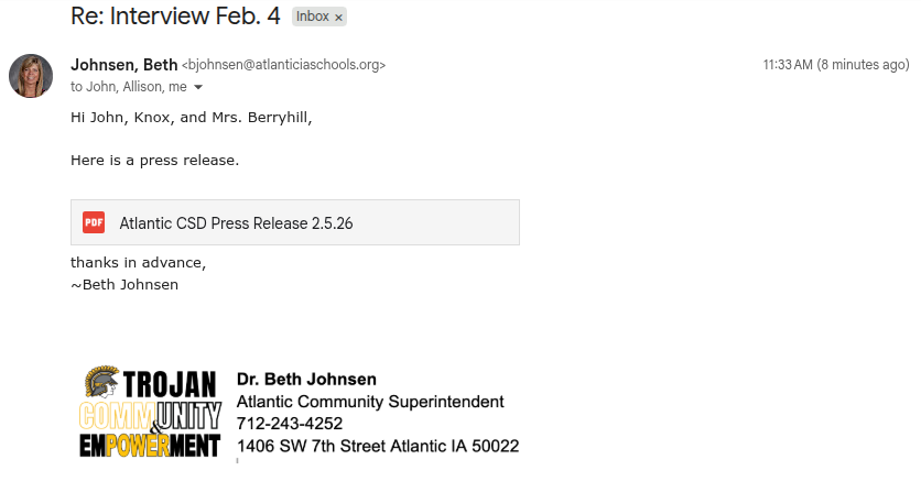 A screenshot of Dr. Beth Johnsen's press release sent to John McCurdy and Knox McCalla.