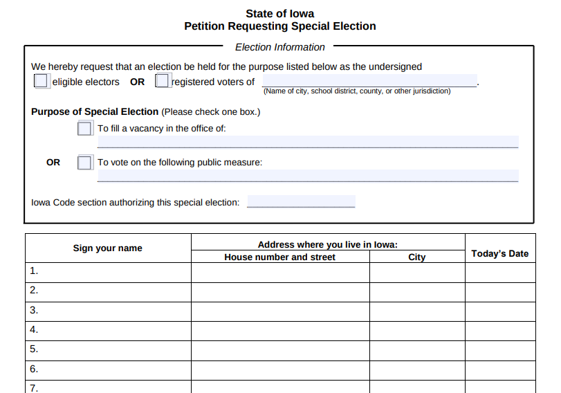 The petition form to force a special election.