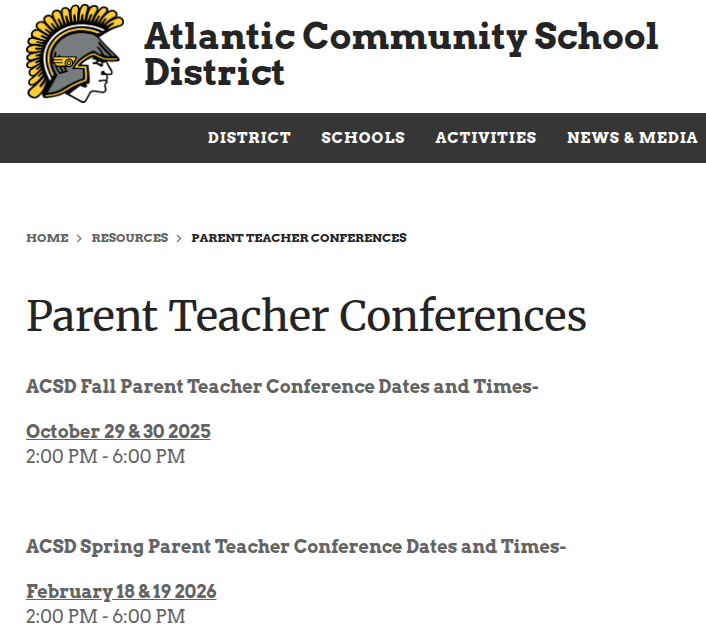 Time and dates for PT Conferences on the ACSD website