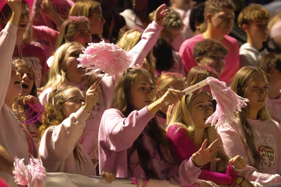 The student section is filled with support, for the players, and the cause. They wore pink outfits in honor of pink out and cheered loud for the layers on the field. 