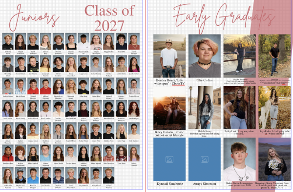 The Junior Class yearbook spread, in progress, shows 12 early graduates.